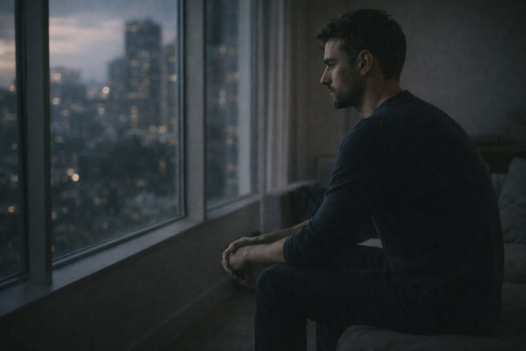 Phone glowing on a table in a dark, empty living room