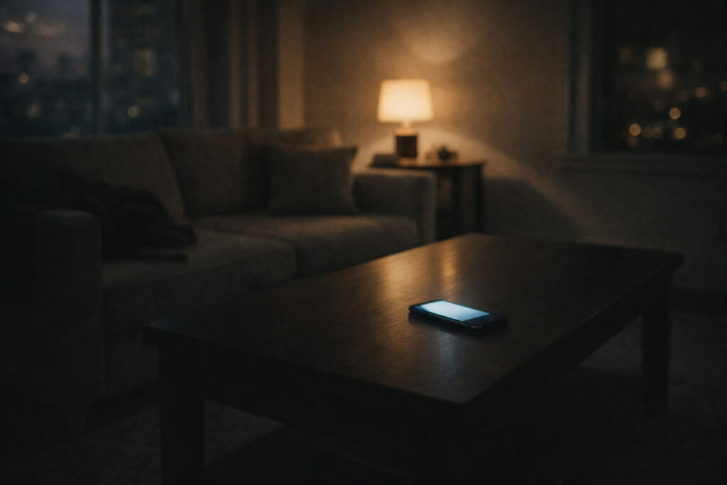 Phone glowing on a table in a dark, empty living room