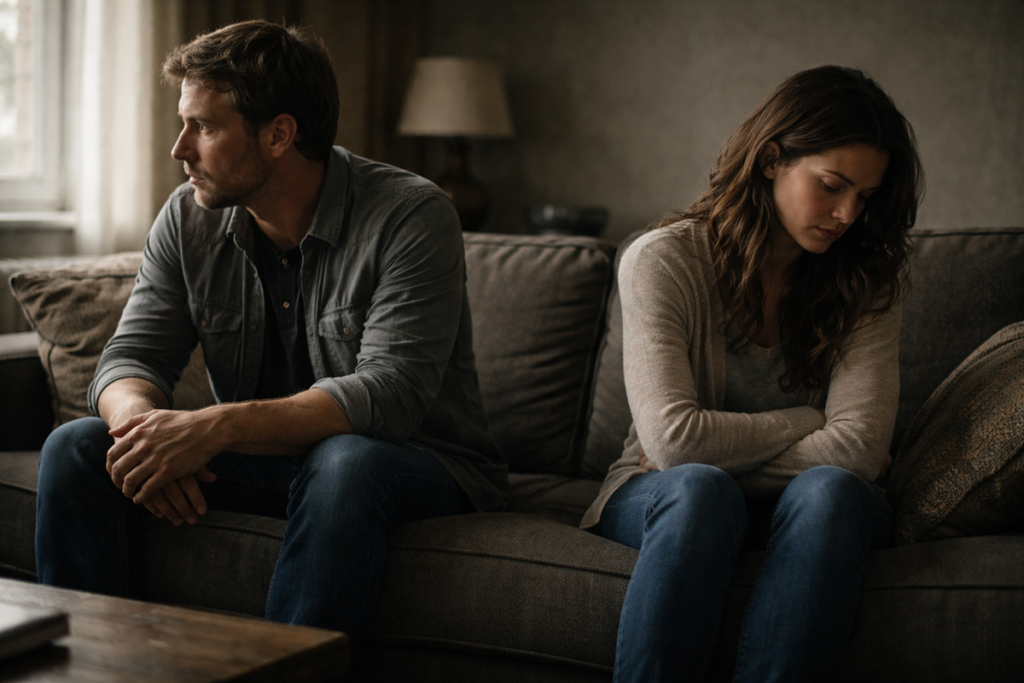 Couple sitting apart on a couch showing signs of emotional distance and disconnect.