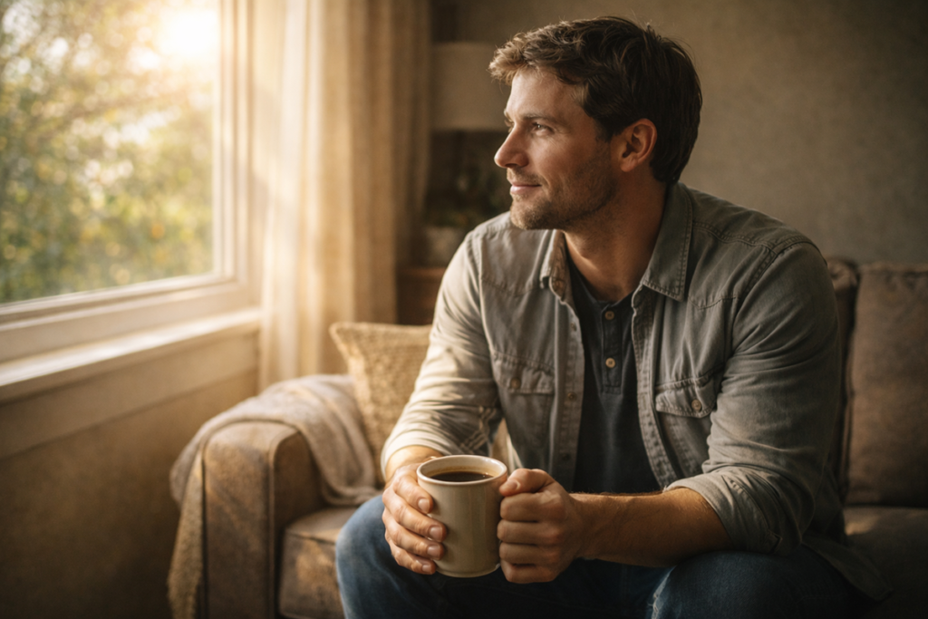 Person sitting peacefully by a sunny window holding coffee, representing emotional healing.