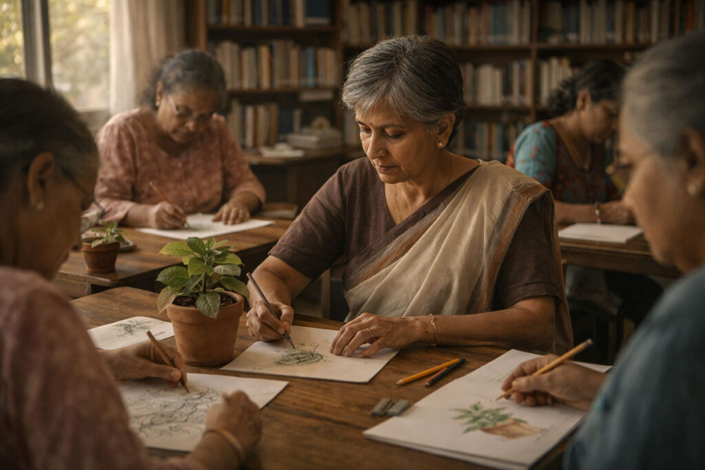 Retired woman sketching in a small community library with other women