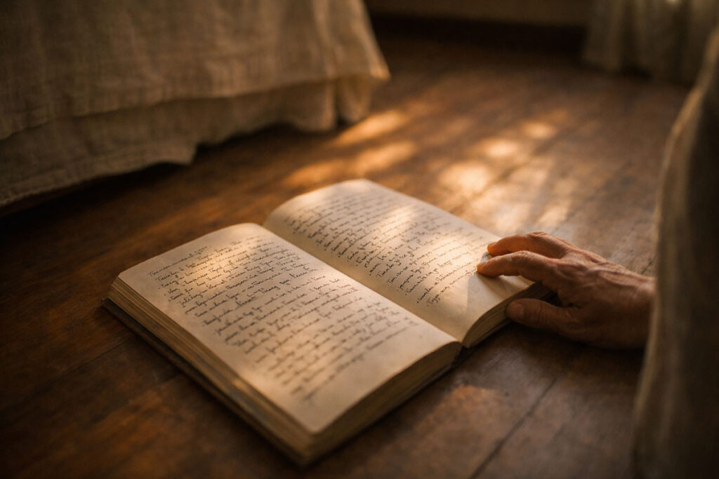 Close-up of an old handwritten diary with sunlight falling across the pages