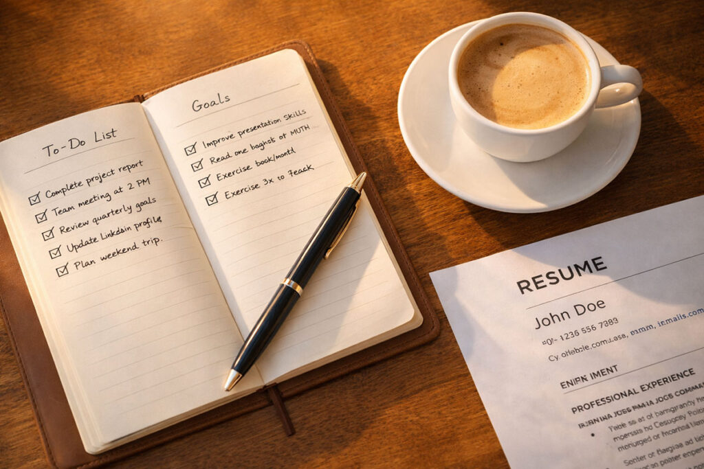 Overhead view of a desk with a notebook, pen, and resume mapping out transferable skills.