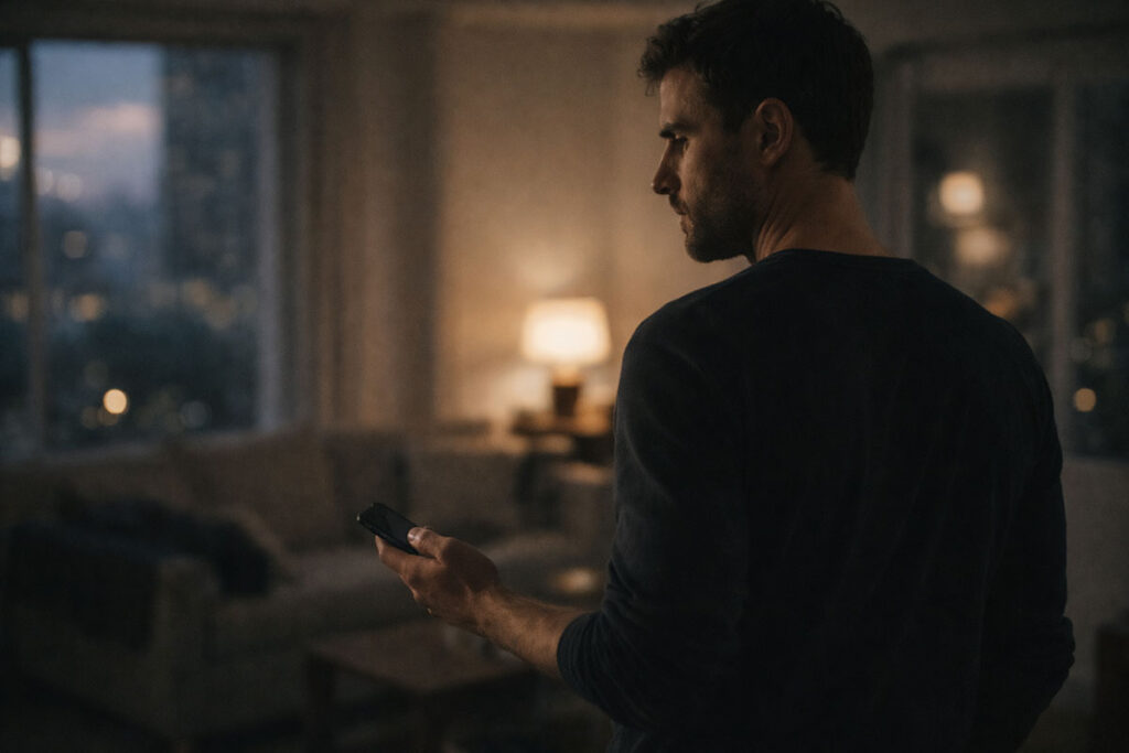 Man standing alone in his apartment holding a phone in silence