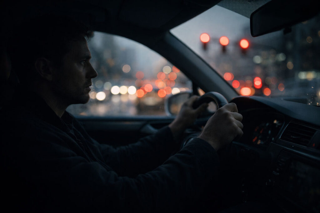 man driving in morning traffic after missed call