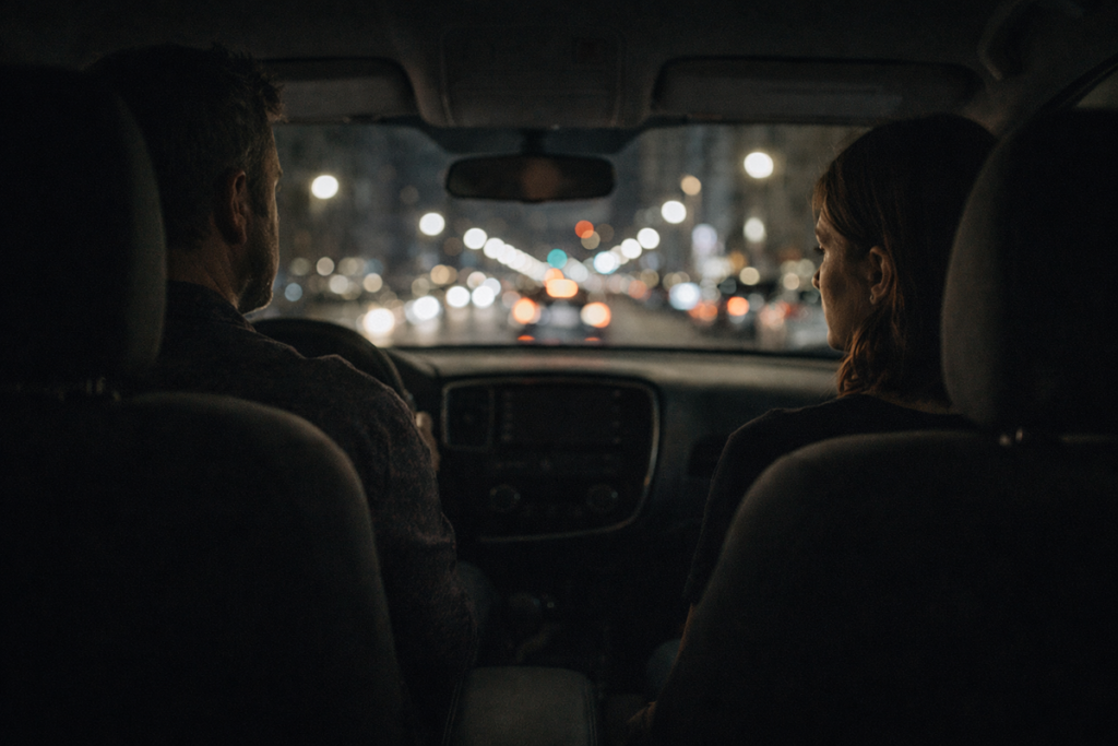 Couple sitting silently in car at night after emotional conversation