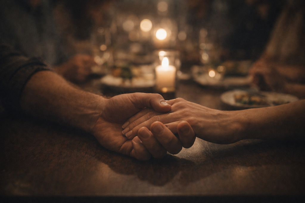 Close-up of couple holding hands under dinner table