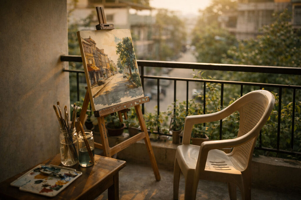 Small veranda with easel and unfinished painting in warm evening light