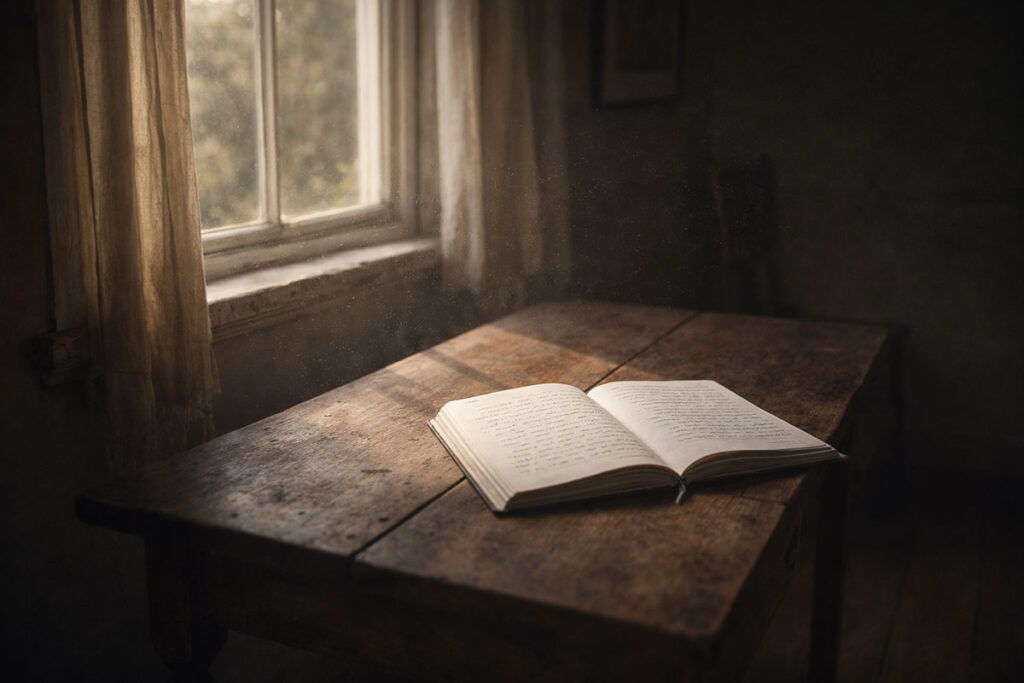 old notebook and empty house memory scene