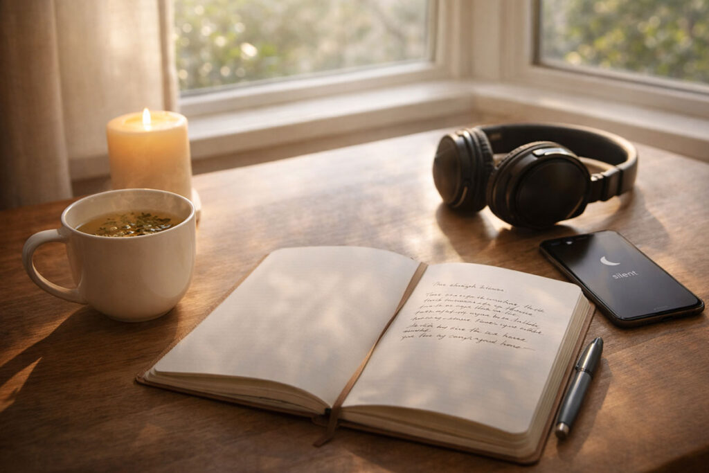 Journal tea candle and silent phone arranged as calming daily habits for reducing stress