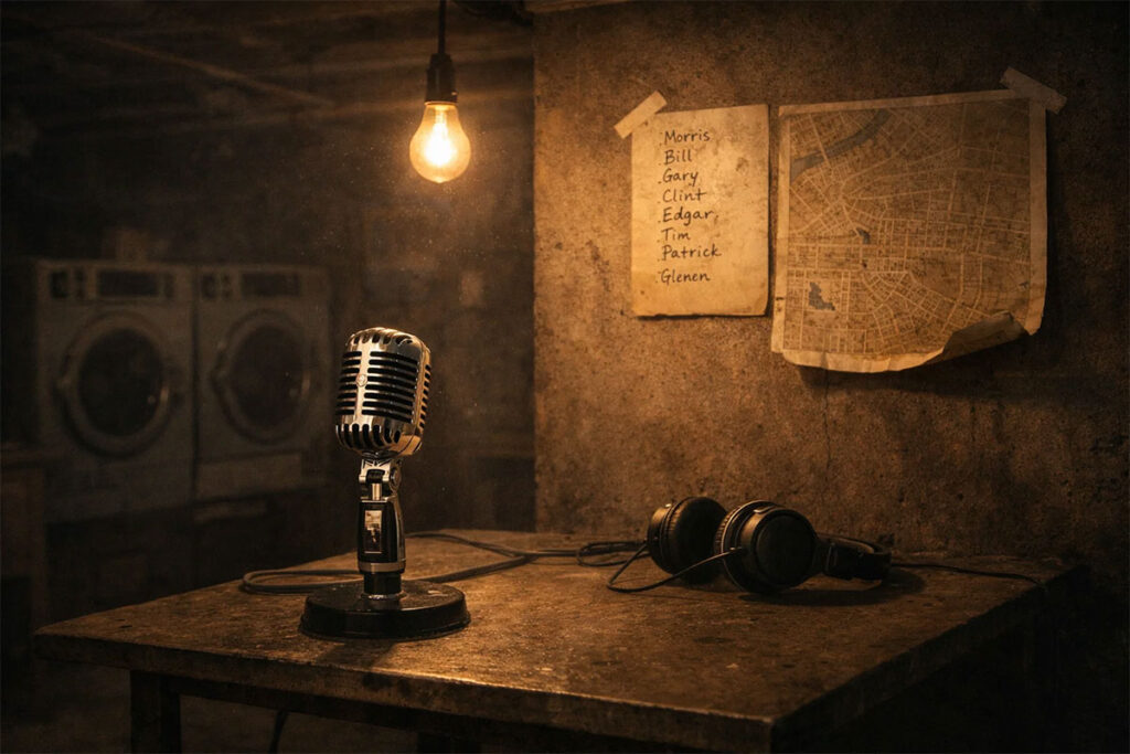 Basement laundry room turned into a makeshift radio studio with a vintage microphone