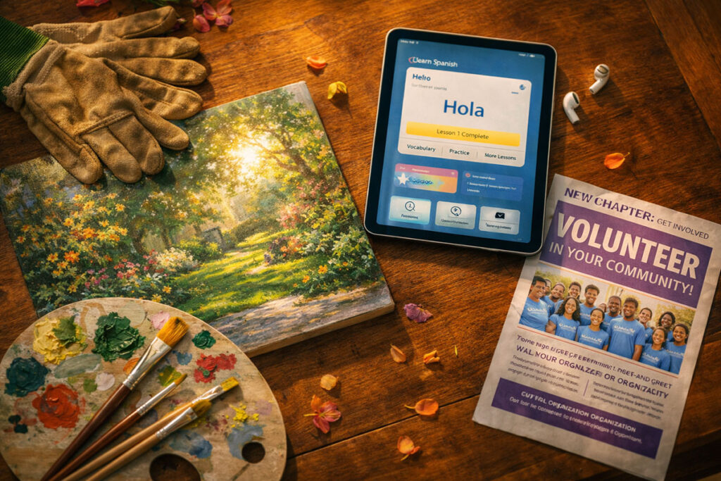 A collection of hobbies and tools representing a new sense of purpose in retirement.