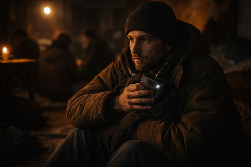 Person in a shelter listening quietly to a small radio during a blackout