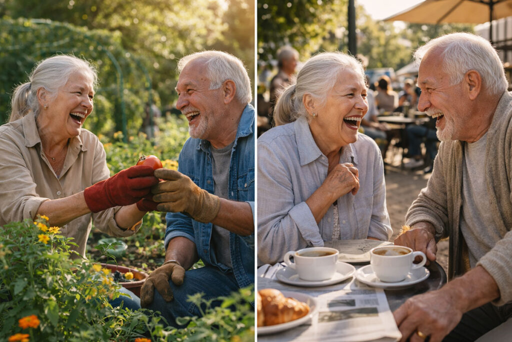 Two retired friends enjoying a social connection and laughing together at a cafe.