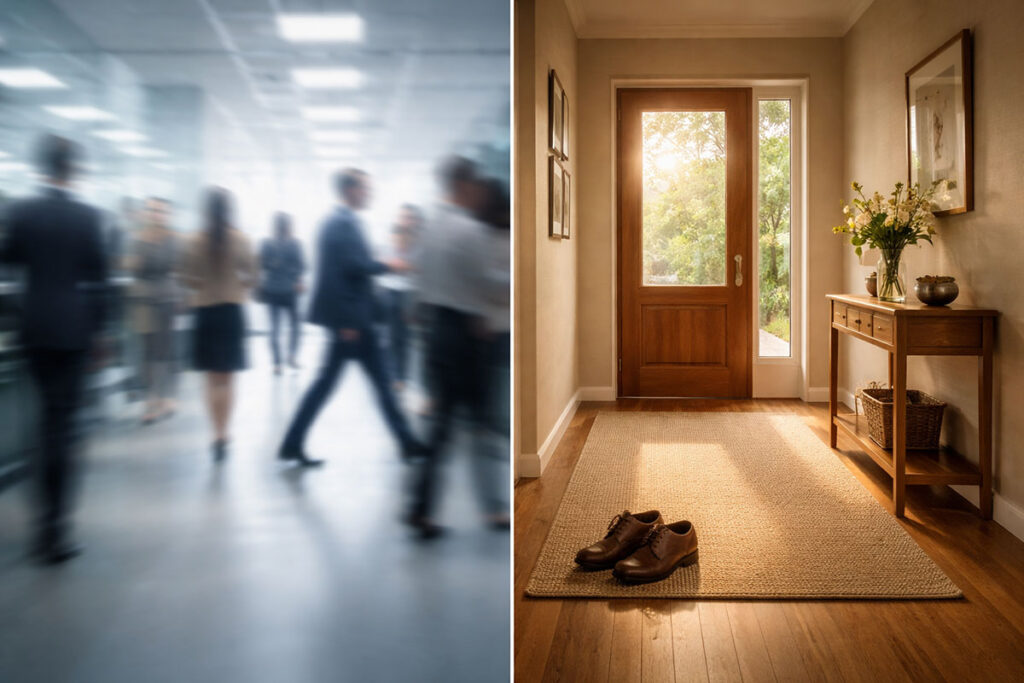 A conceptual image representing the shift from a busy workplace to a quiet retirement home.