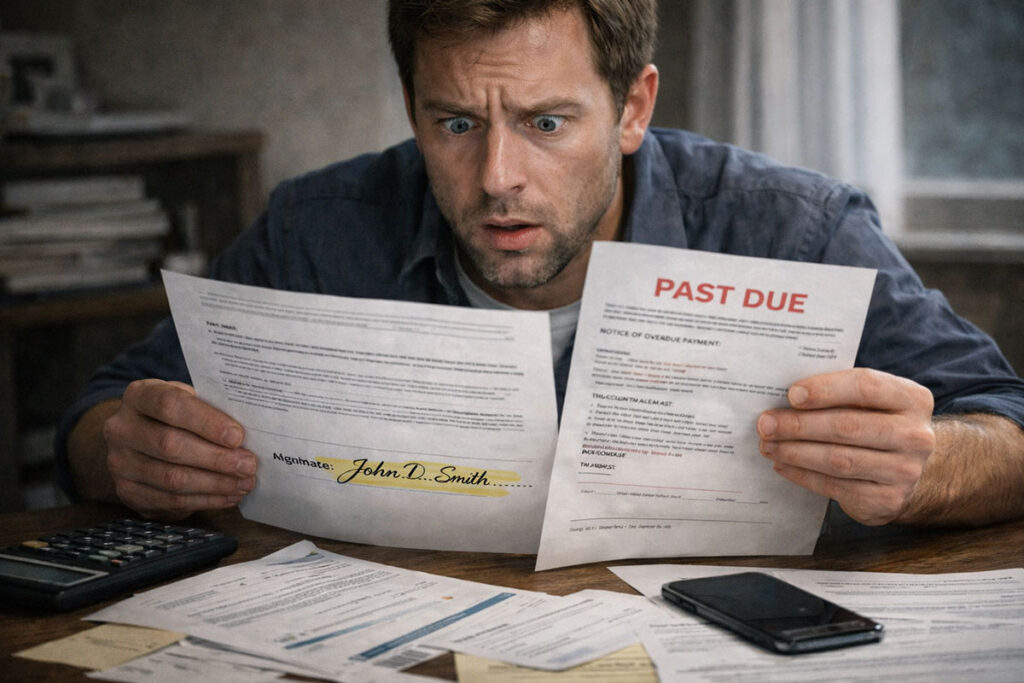 Person reviewing suspicious paperwork and possible forged signature