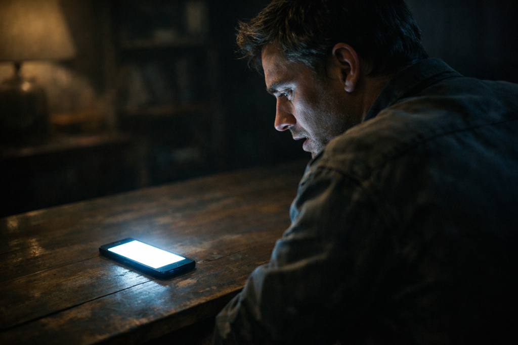 Person looking shocked at a glowing smartphone screen in a dark room.