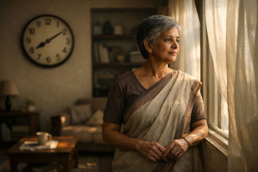 Retired woman standing alone in a sunlit living room, reflecting in silence