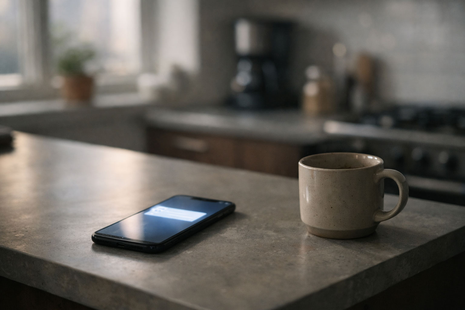 Quiet kitchen with a glowing phone and untouched coffee in morning light