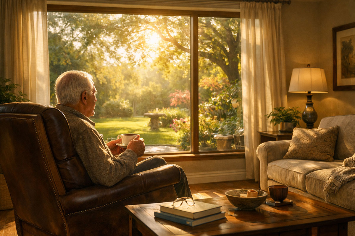 A retired individual sitting peacefully in a quiet, sunlit living room looking at a garden.