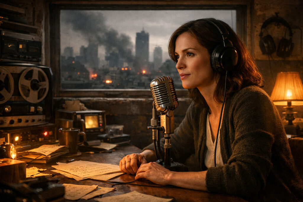 Radio host speaking calmly into a vintage microphone while a tense city outside remains covered in smoke