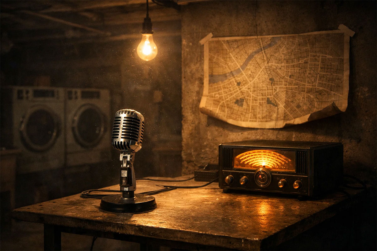 Vintage microphone in a basement laundry room radio studio during a blackout