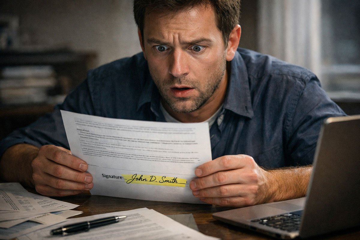 Person discovering a forged signature on an official document